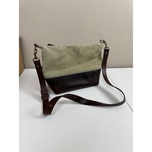 LL Bean Canvas Leather Crossbody Bag Sage Green Brown Map Lining Field Messenger